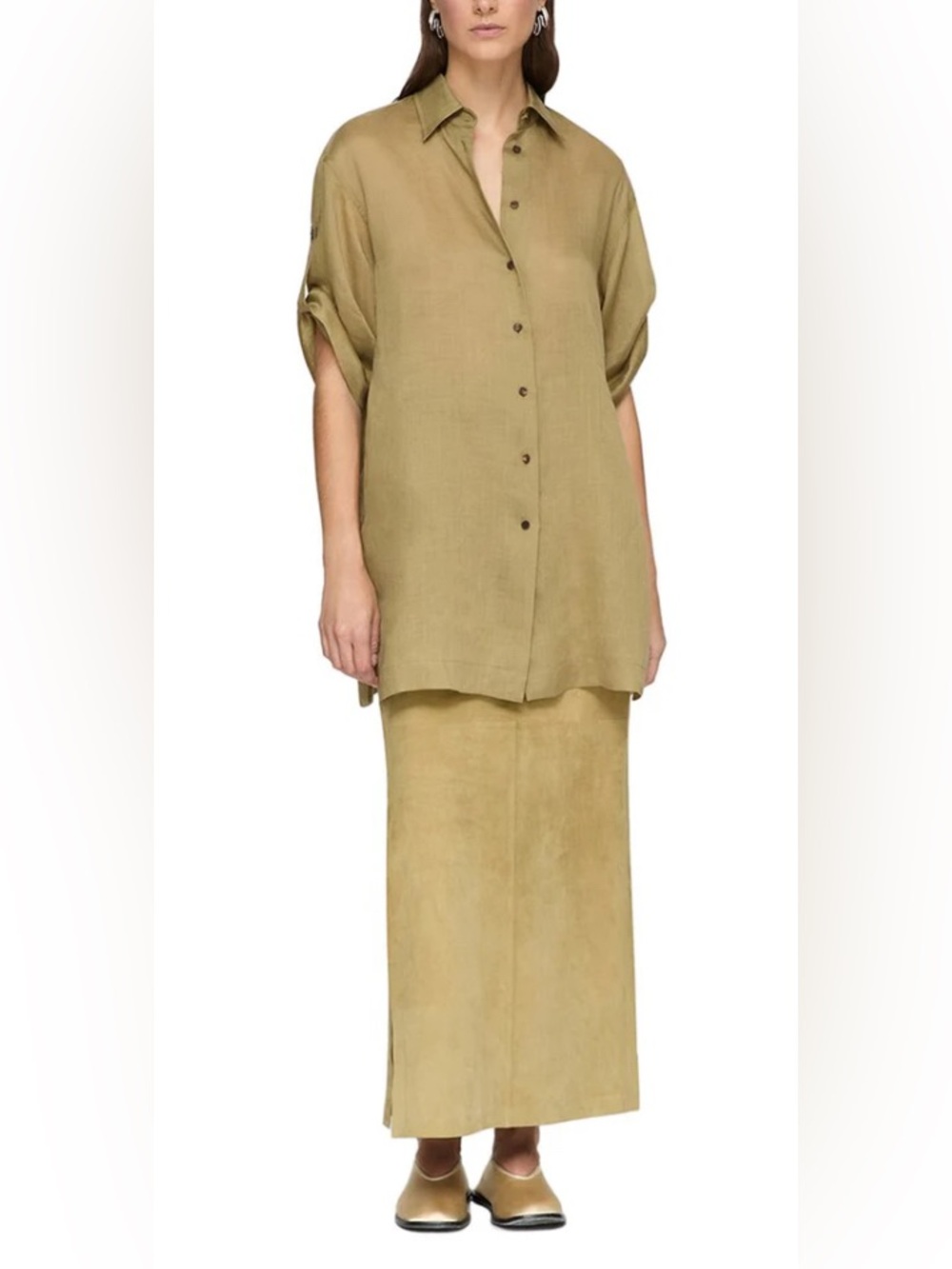 Lafayette 148 New York Tab Sleeve Side Slit Shirt, Minimalist Lagenlook Modern